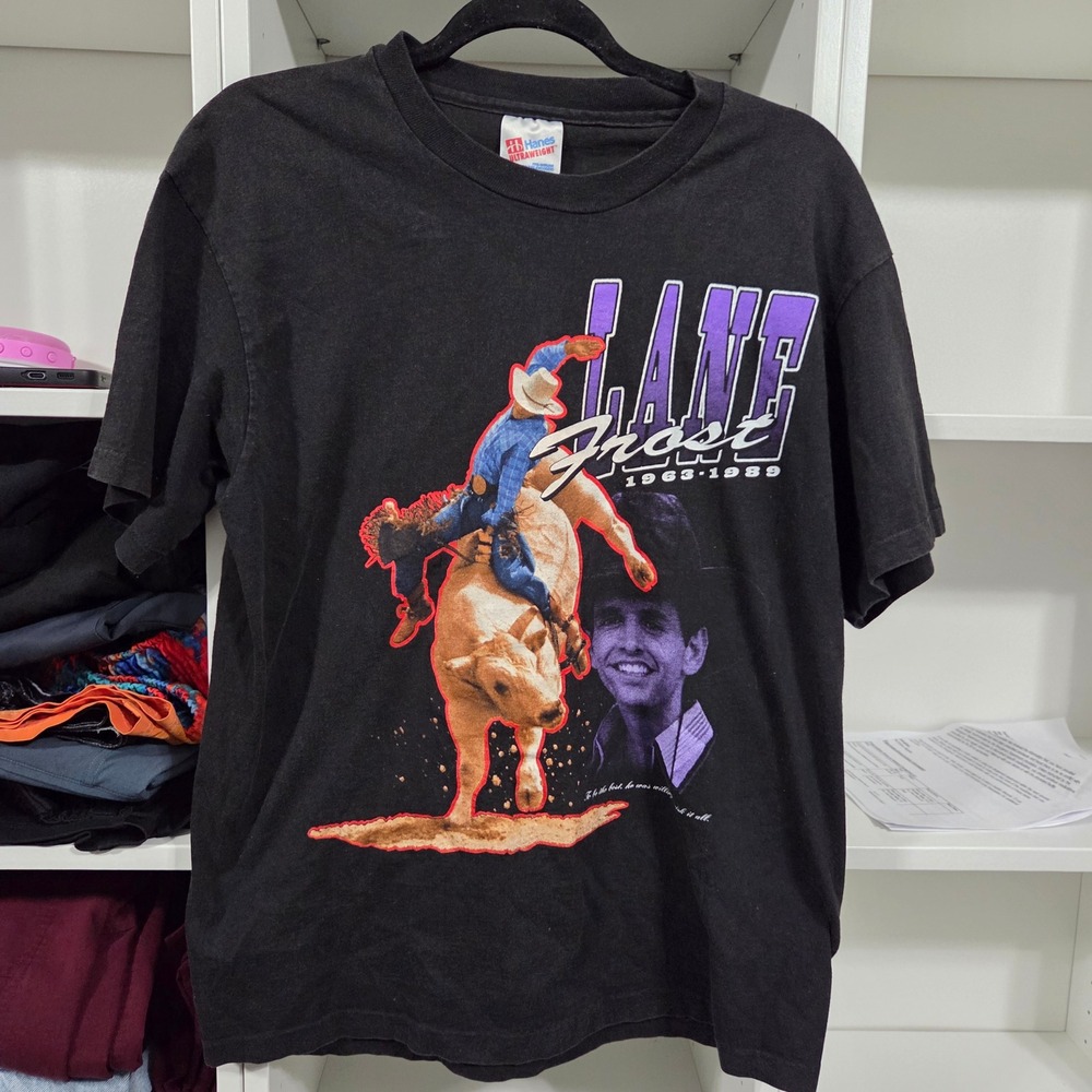 Vintage 90s Lane Frost Bull Rider shirt Ultraweight Black Mens Large 8 seconds